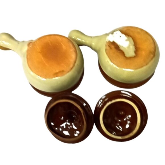 Vintage Tri-Tone Stoneware Lidded French Onion Soup Pots & Handle Set of 2 - Picture 5 of 8